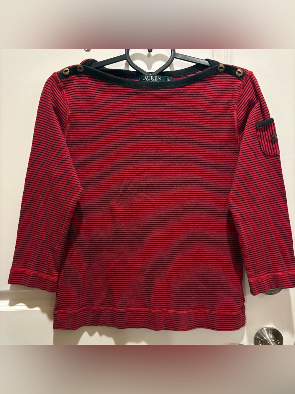 Lauren Ralph Lauren Red and Black Striped Boatneck Long-Sleeve Top
